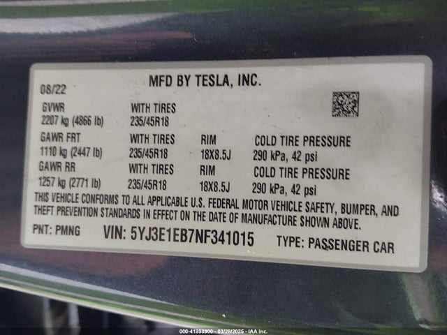 41898900 :رقم المزاد ، 5YJ3E1EB7NF341015 vin ، 2022 Tesla Model 3 Long Range Dual Motor All-wheel Drive مزاد بيع