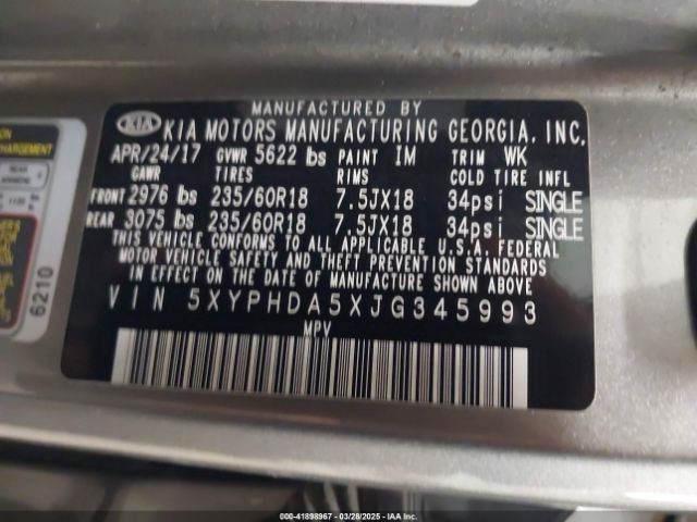 5XYPHDA5XJG345993 KIA Sorento 3.3l Ex