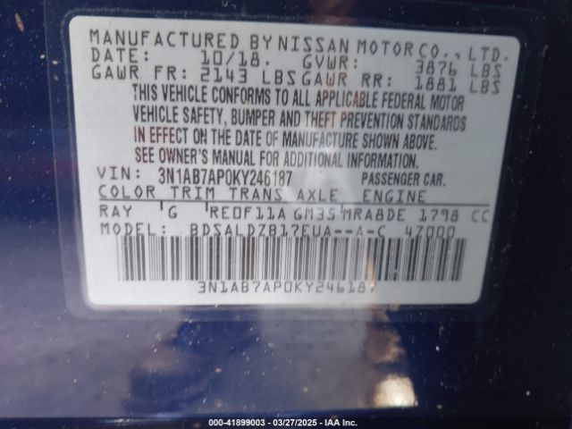 3N1AB7AP0KY246187 Nissan SENTRA SV