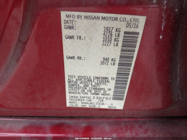 1N4AL3AP2GC230792 Nissan Altima 2.5 Sv