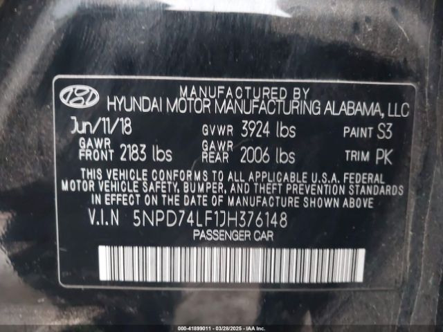 5NPD74LF1JH376148 Hyundai ELANTRA SE
