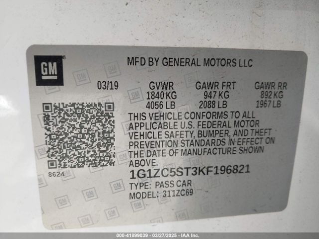 1G1ZC5ST3KF196821 Chevrolet lfv - direct injection, variable valve timing, gen 1