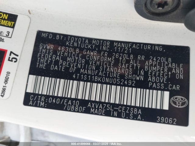 4T1S11BK0NU052492 Toyota Camry Se Awd
