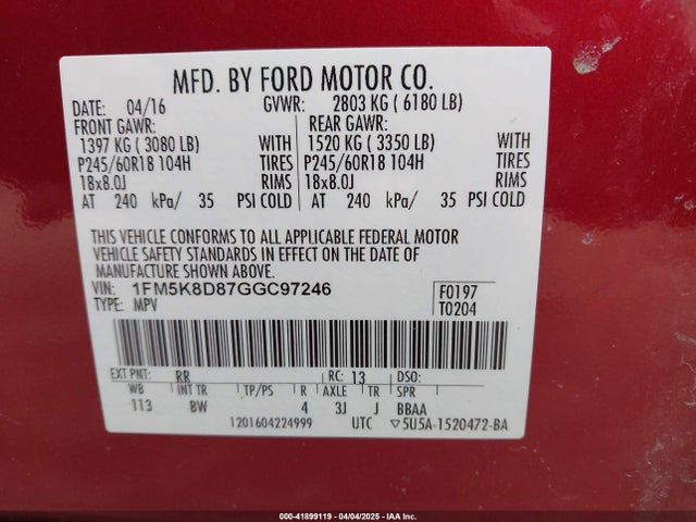 1FM5K8D87GGC97246 Ford EXPLORER XLT