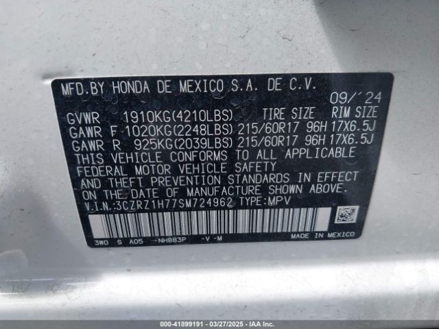 3CZRZ1H77SM724962 Honda Hr-v 2wd Ex-l