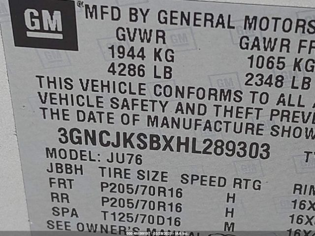 3GNCJKSBXHL289303 Chevrolet TRAX LS