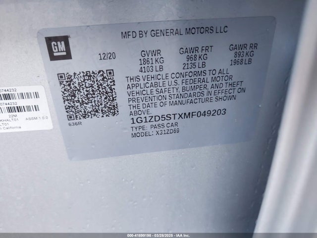 1G1ZD5STXMF049203 Chevrolet Malibu Fwd Lt
