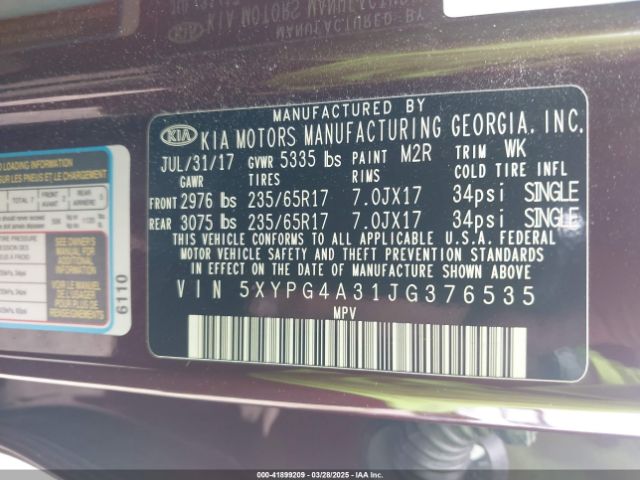 5XYPG4A31JG376535 KIA Sorento 2.4l Lx
