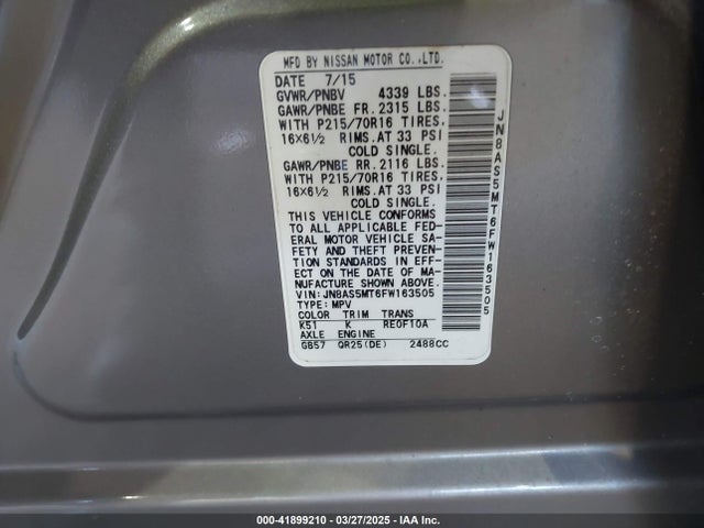 JN8AS5MT6FW163505 Nissan Rogue Select S