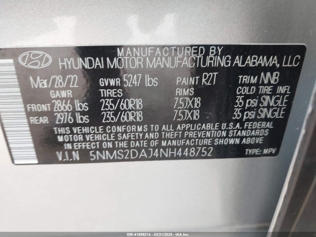 5NMS2DAJ4NH448752 Hyundai Santa Fe Sel