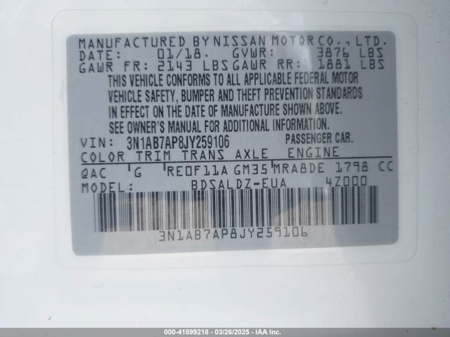 3N1AB7AP8JY259106 Nissan SENTRA SV