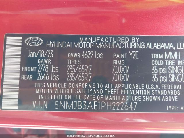 5NMJB3AE1PH222647 Hyundai TUCSON SEL