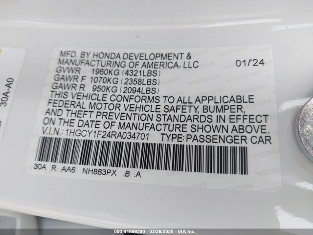 1HGCY1F24RA034701 Honda ACCORD LX
