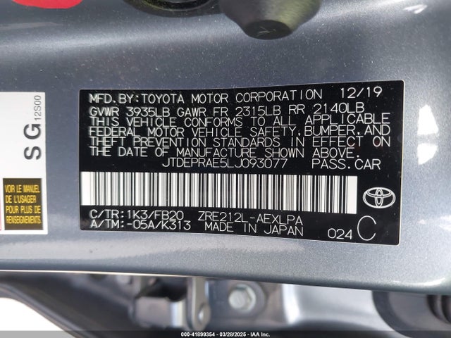 JTDEPRAE5LJ093077 Toyota COROLLA LE