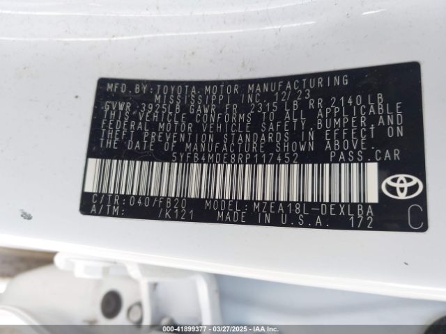 5YFB4MDE8RP117452 Toyota COROLLA LE