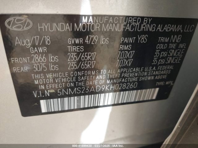 2019 HYUNDAI SANTA FE 5NMS23AD9KH028260 Photo 8
