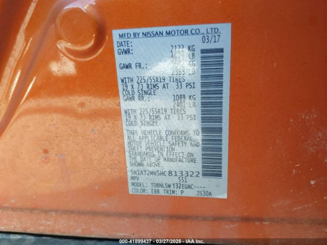 5N1AT2MV5HC813322 Nissan Rogue Sl