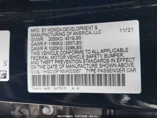 2022 HONDA ACCORD 1HGCV3F16NA003357 Photo 8