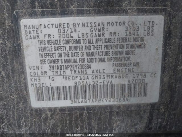 3N1AB7AP2EY230884 Nissan Sentra Fe+ S/fe+ Sv/s/sl/sr/sv