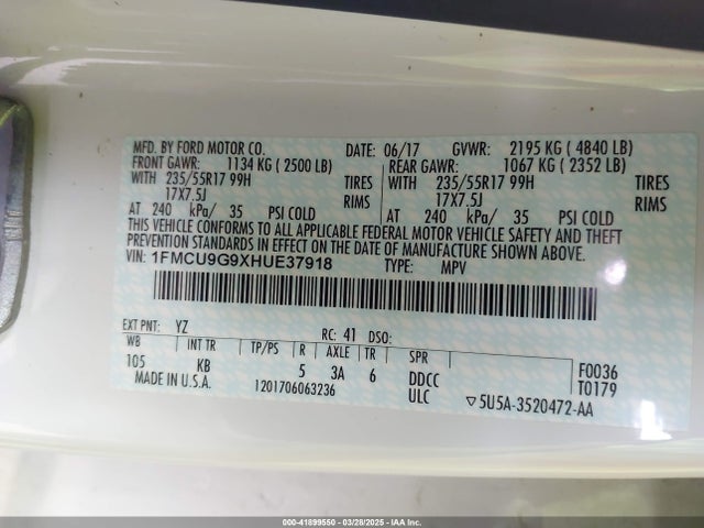 1FMCU9G9XHUE37918 Ford ESCAPE SE