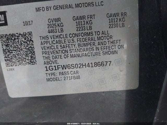 1G1FW6S02H4186677 Chevrolet BOLT EV LT