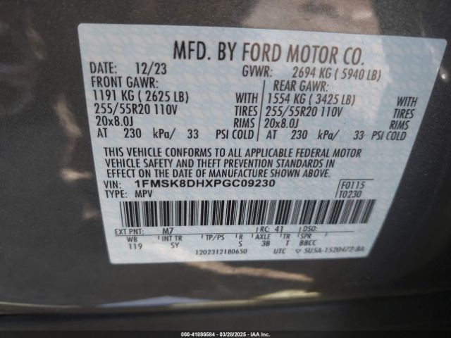 1FMSK8DHXPGC09230 Ford EXPLORER XLT