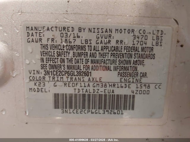 Nissan Versa Note S (sr)/s Plus/sl/sr/sv 2016 3N1CE2CP6GL392601 Image 9