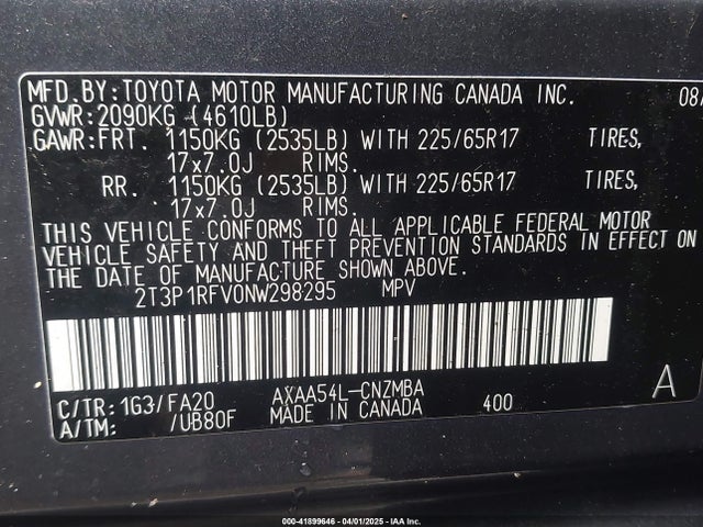 2T3P1RFV0NW298295 Toyota Rav4 Xle