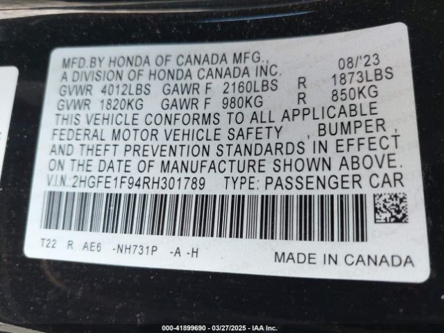 2HGFE1F94RH301789 Honda Civic Touring