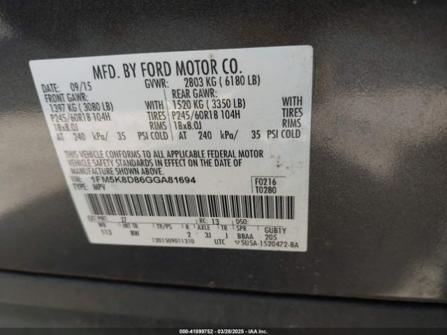1FM5K8D86GGA81694 Ford EXPLORER XLT