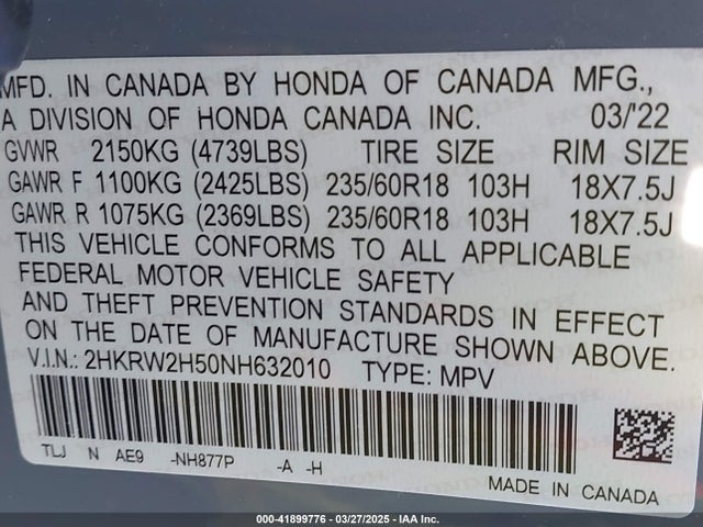 2HKRW2H50NH632010 Honda Cr-v Awd Ex