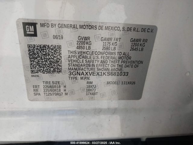 3GNAXVEX1KS681033 Chevrolet EQUINOX LT