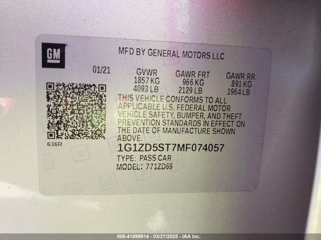 1G1ZD5ST7MF074057 Chevrolet Malibu Fwd Lt