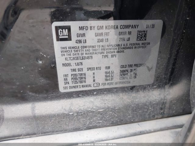 KL7CJKSB7LB314979 Chevrolet Trax Fwd Ls