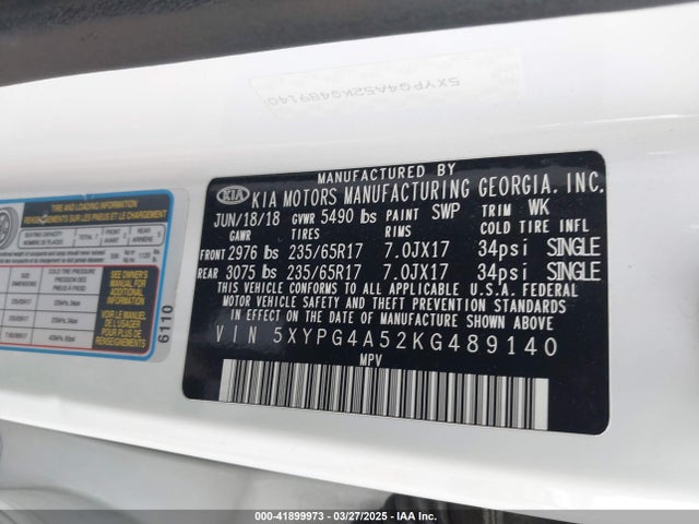 5XYPG4A52KG489140 KIA Sorento 3.3l Lx
