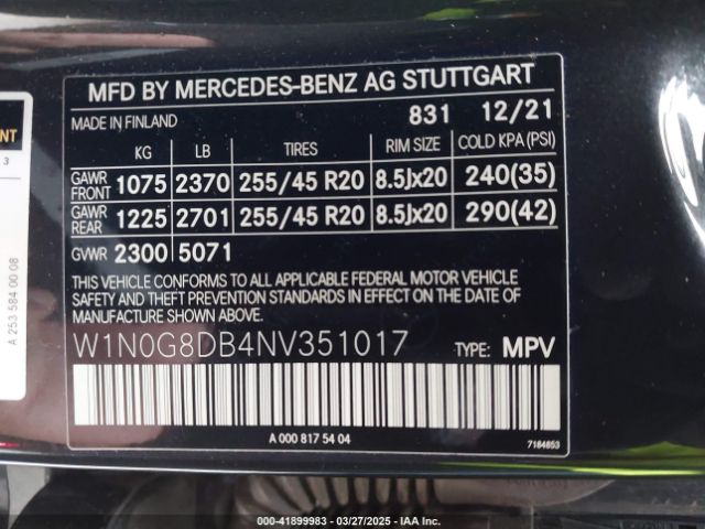 W1N0G8DB4NV351017 Mercedes-Benz Glc 300 Suv