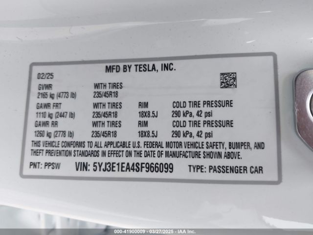 5YJ3E1EA4SF966099 Tesla Model 3 Long Range Rear-wheel Drive