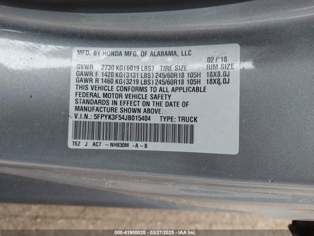 5FPYK3F54JB015404 Honda Ridgeline Rtl