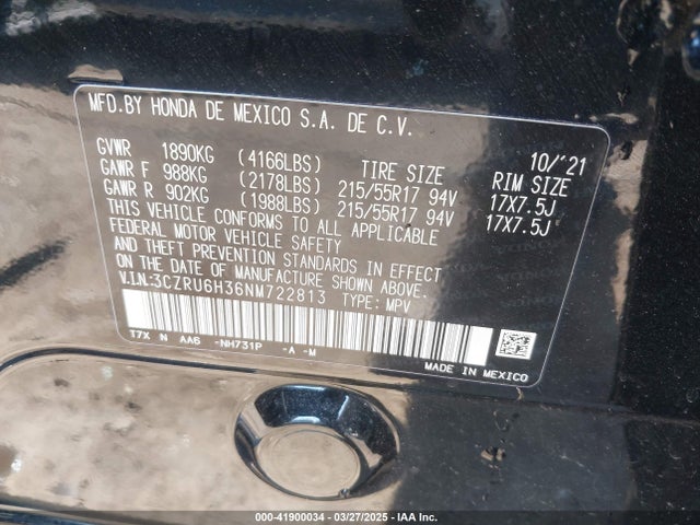 3CZRU6H36NM722813 Honda Hr-v Awd Lx