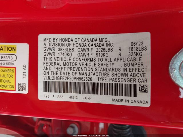 2HGFE2F20PH562620 Honda Civic Lx