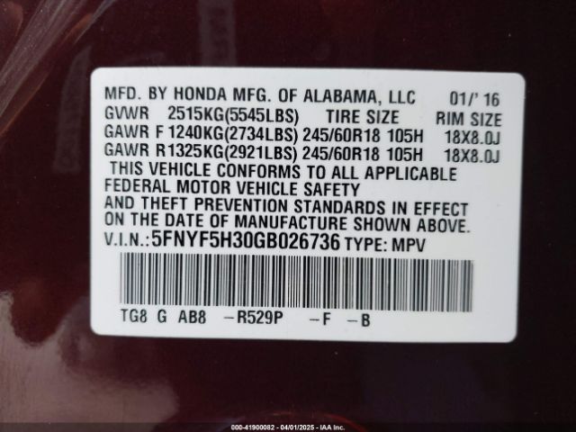 5FNYF5H30GB026736 Honda Pilot Ex