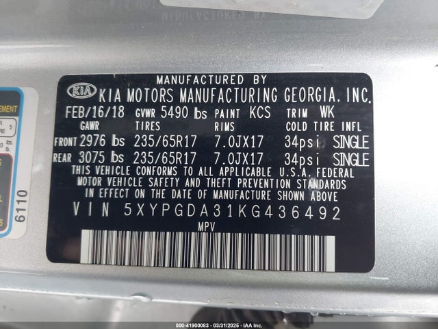 5XYPGDA31KG436492 KIA Sorento 2.4l Lx
