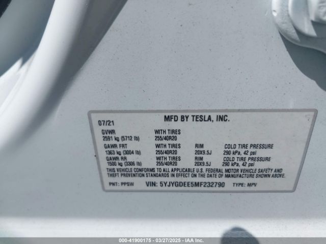 5YJYGDEE5MF232790 Tesla Model Y Long Range Dual Motor All-wheel Drive