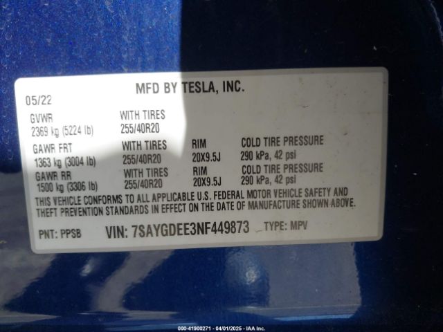 7SAYGDEE3NF449873 Tesla Model Y Long Range Dual Motor All-wheel Drive