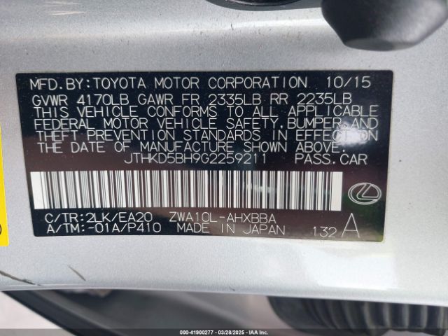 JTHKD5BH9G2259211 Lexus CT 200H
