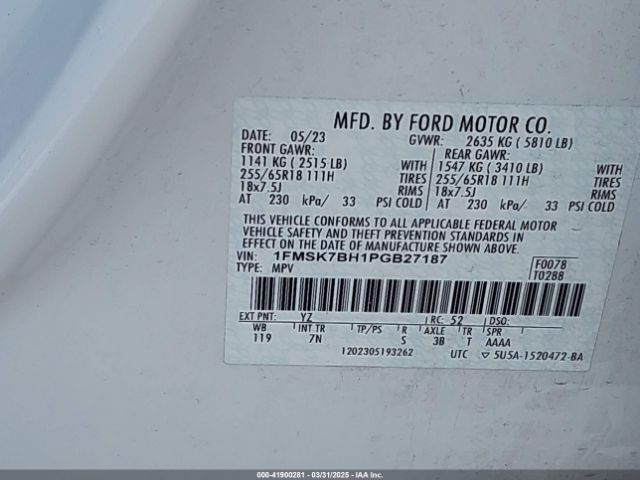 1FMSK7BH1PGB27187 Ford Explorer