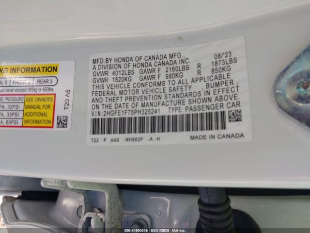2HGFE1F75PH325241 Honda Civic Ex /ex W/o Bsi