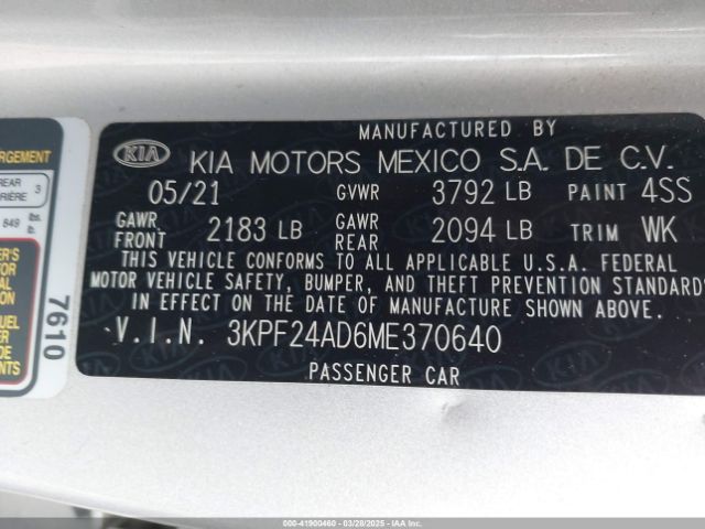 3KPF24AD6ME370640 KIA Forte Lxs