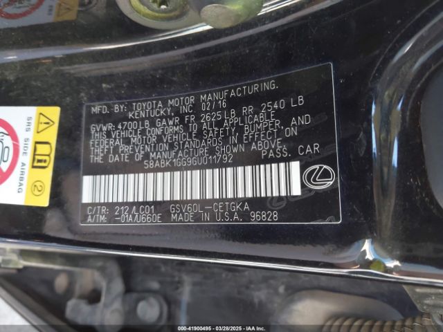 58ABK1GG9GU011792 Lexus ES 350