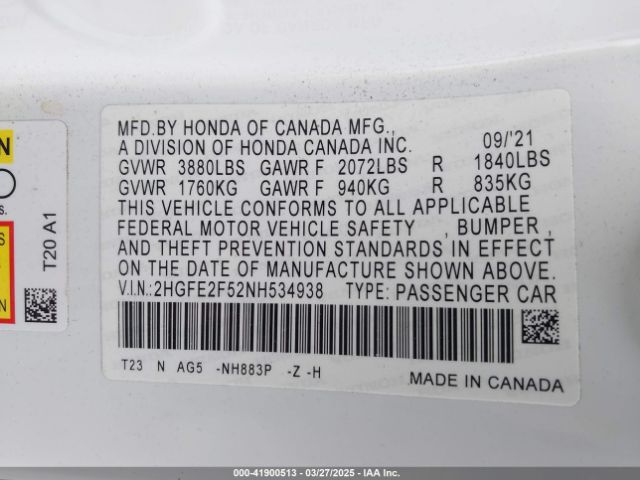 2HGFE2F52NH534938 Honda Civic Sport